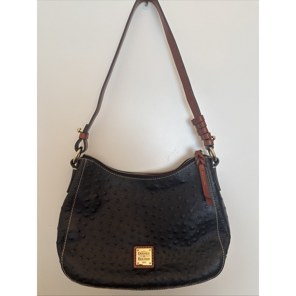 Dooney & Bourke Black Ostrich Embossed Leather Hobo Shoulder Bag Red Lining